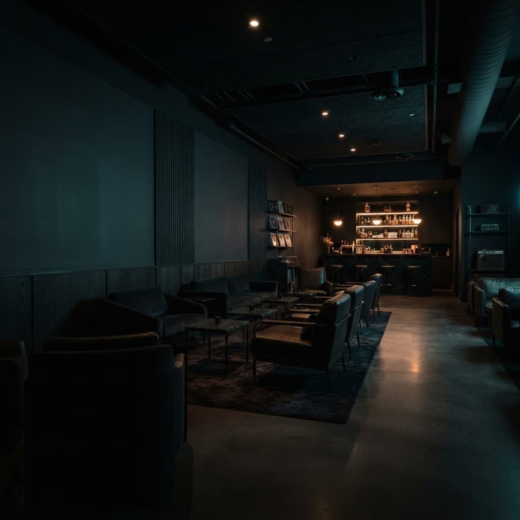 Dark luxury audio lounge interior